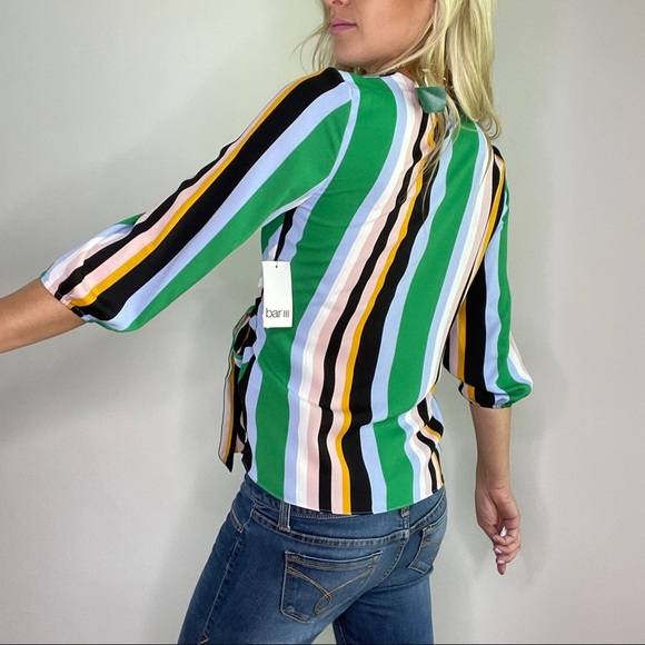 Bar III Green, Black, Blue, Yellow Striped Wrap Style Top New with Tags - Picture 4 of 12